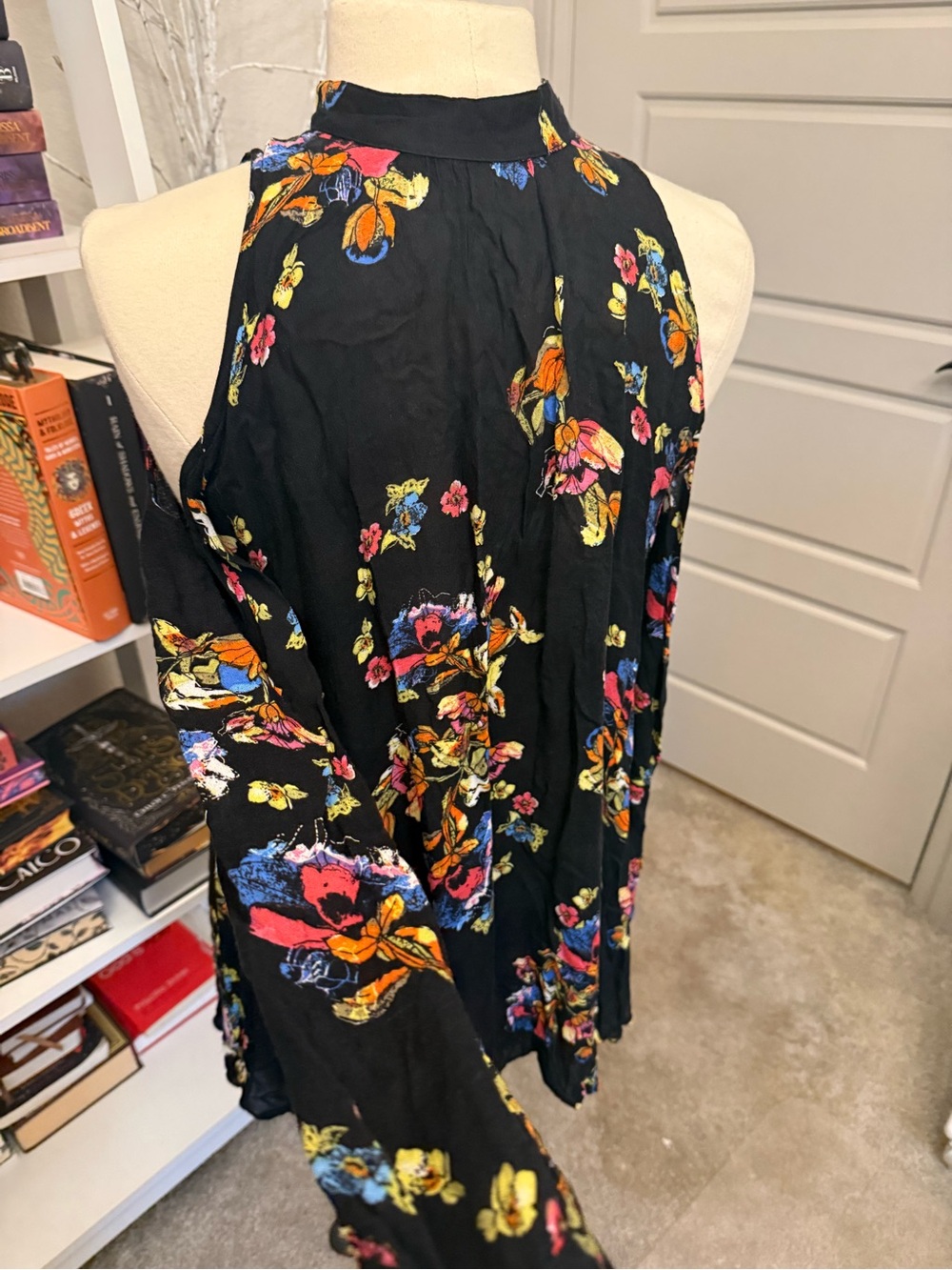 Free People Black Floral Halter Tunic with butterfly Sleeves - Picture 2 of 6